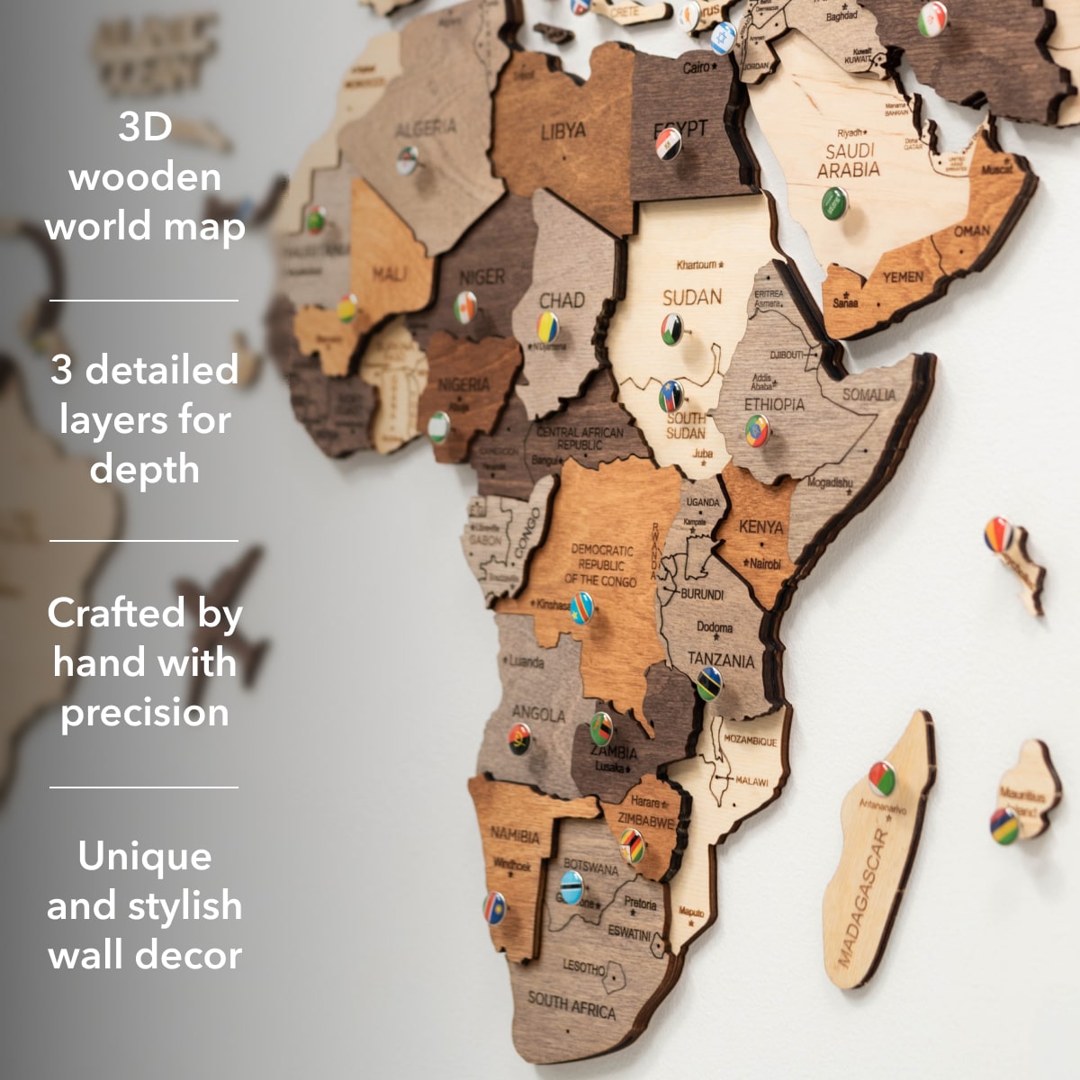3D Wooden World Map Multicolor