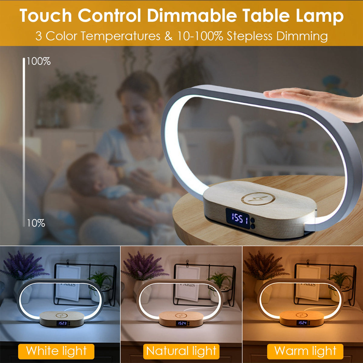 Wireless charging bedside lamp shown from an alternate angle