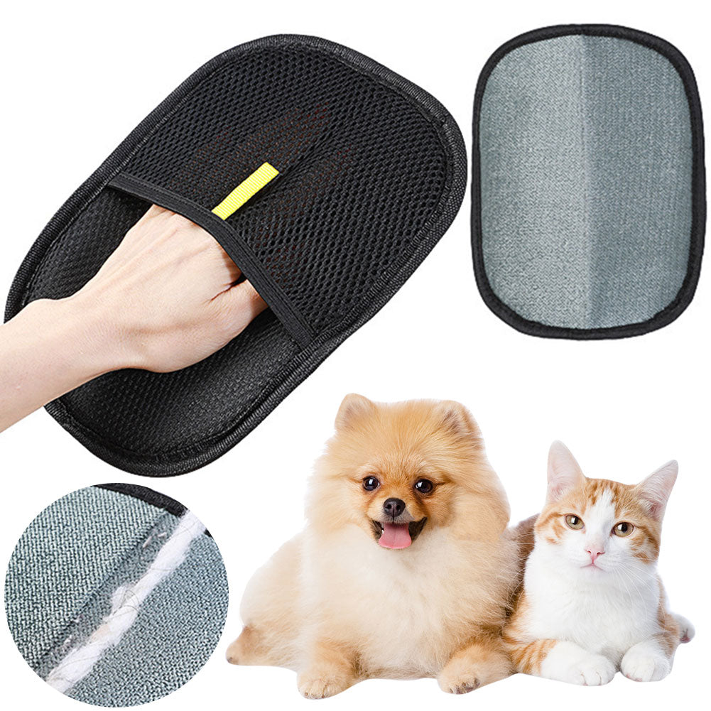 Reusable pet hair remover mitt lifting fur from fabric