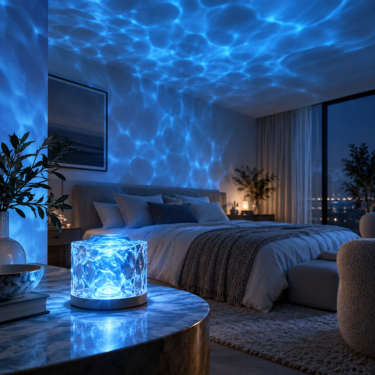 LOVISIO water-ripple projection lamp creating blue ambient light