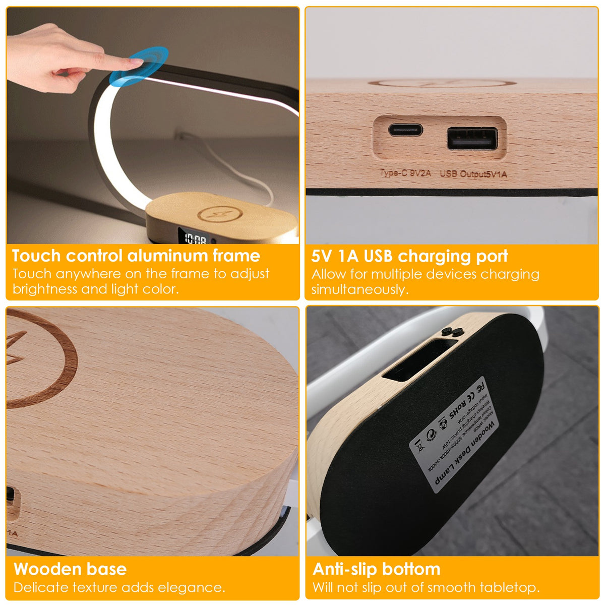 White multifunction bedside lamp with clock and USB charging