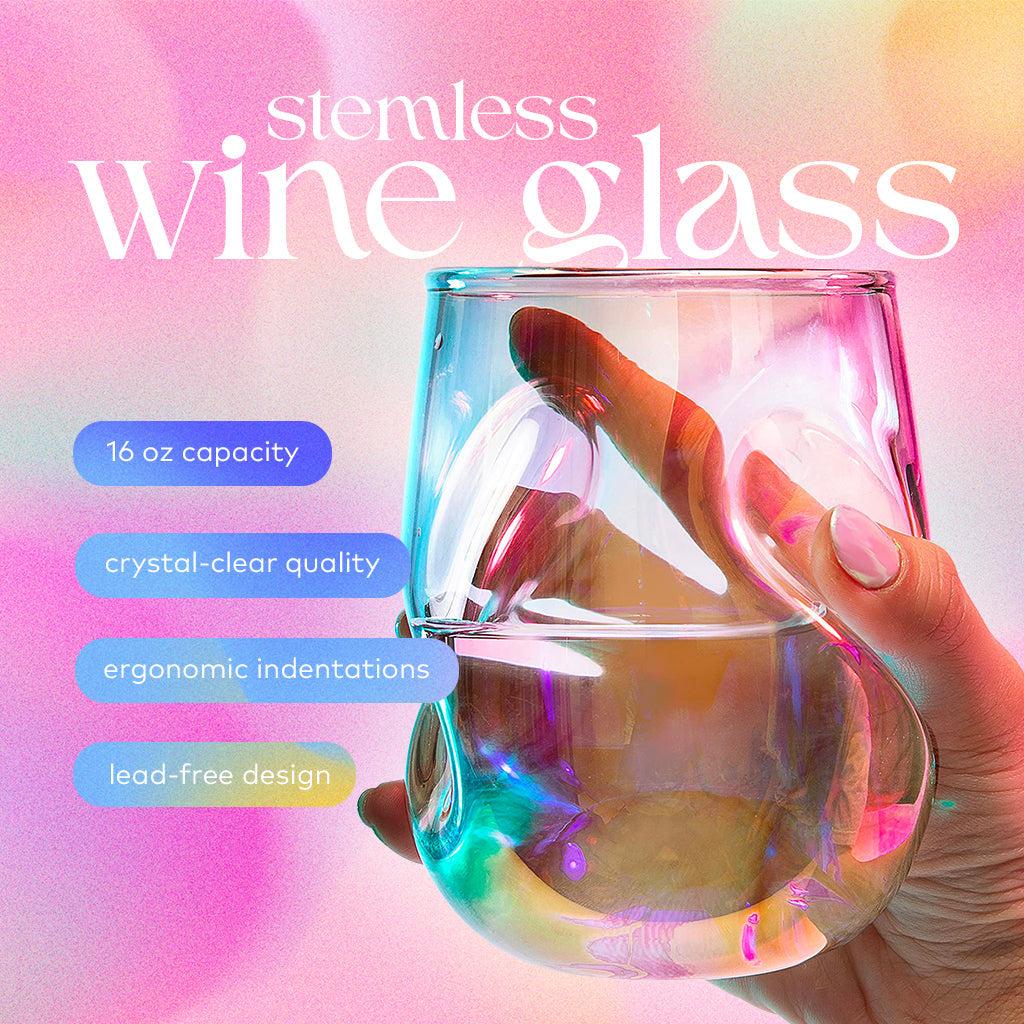 Hand holding a 16-ounce Aura stemless wine glass showing its curved thumb grip