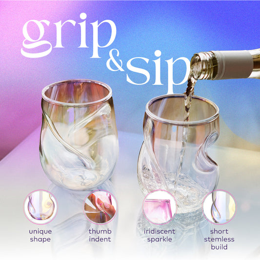 Dragon Glassware Aura iridescent stemless wine glasses showing curved grips and pouring