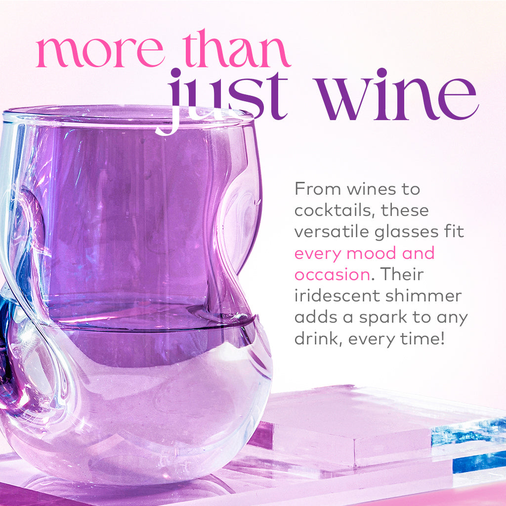 Close-up of the Aura stemless glass showing its iridescent finish