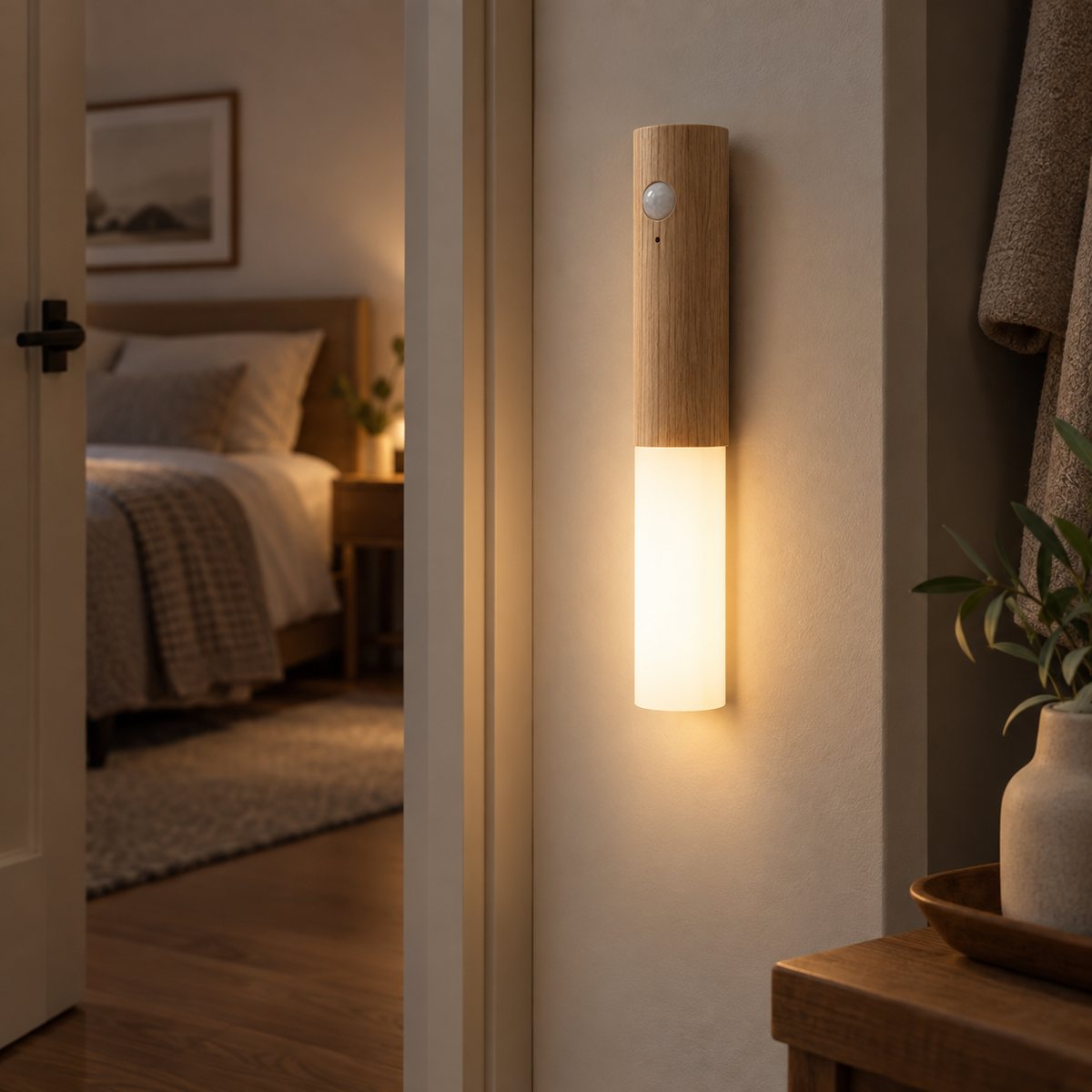 LOVISIO rechargeable magnetic motion-sensor night light in a warm bedroom hallway