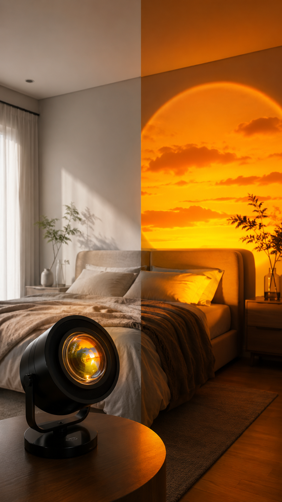 Before and after bedroom lighting transformation with Sunset Projection Lamp
